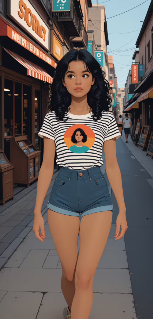 A digital illustration of a young woman with curly black hair, wearing a striped...