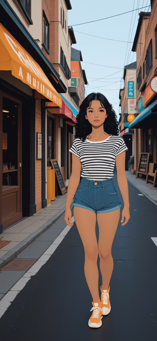 A digital illustration of a young woman with curly black hair, wearing a striped... Apple iPhone 16 wallpapers for android