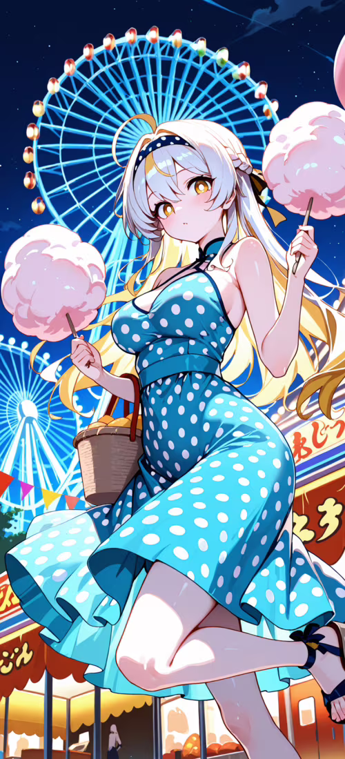 An anime girl with long blonde hair in a yellow polka-dot dress holds pink cotton... Huawei Mate 40 hd background