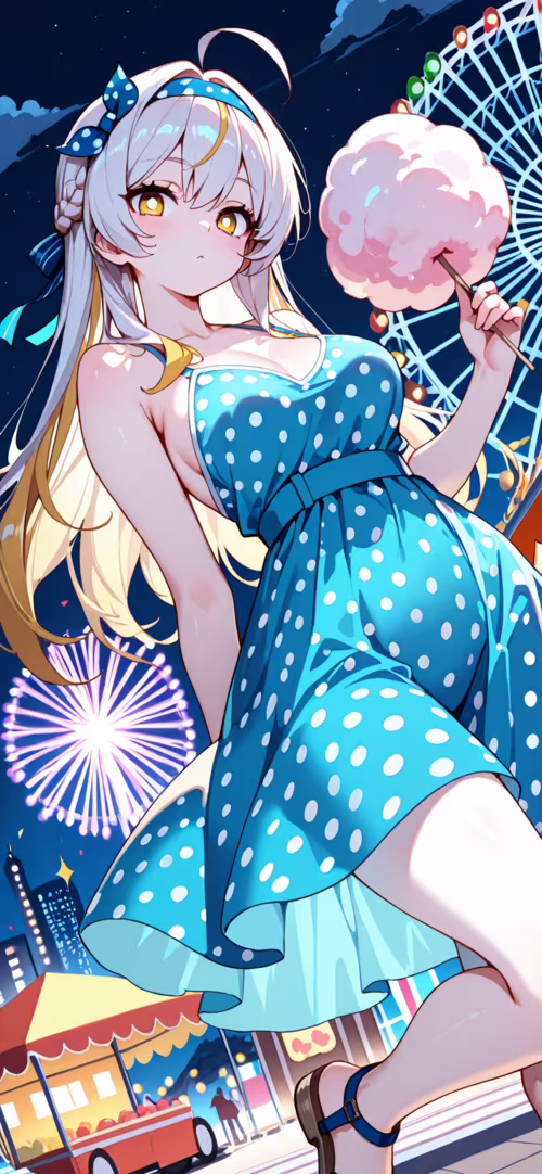 An anime girl with long blonde hair in a yellow polka-dot dress holds pink cotton... Apple iPhone 11