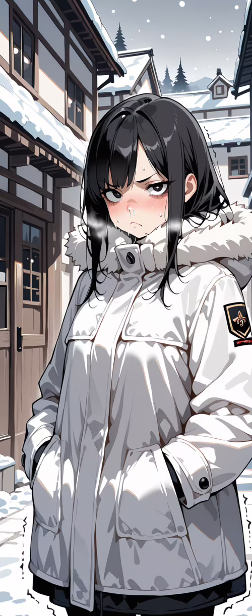 An anime girl with short black hair and a runny nose frowns while standing in a snowy... Samsung Galaxy Z Flip high definition wallpaper