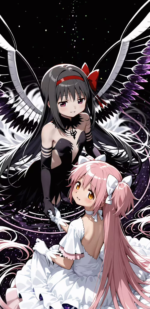 Akuma Homura, a girl with long black hair in a black dress, embraces Ultimate Madoka,... Samsung Galaxy S9 plus background images hd