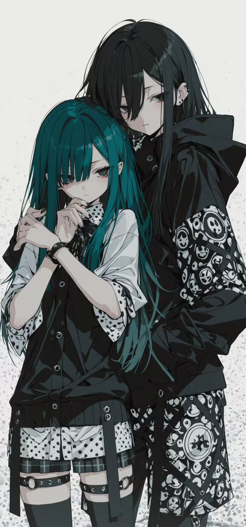 An anime illustration of two girls in an intimate pose. A girl with short black hair... Samsung Galaxy Note 20 Ultra wallpaper photo gallery download