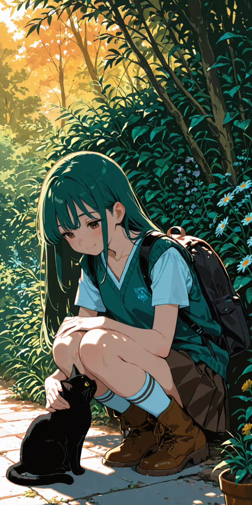 An anime-style girl with long green hair and a school uniform crouching down to gently... LG V30 wallpapers for android