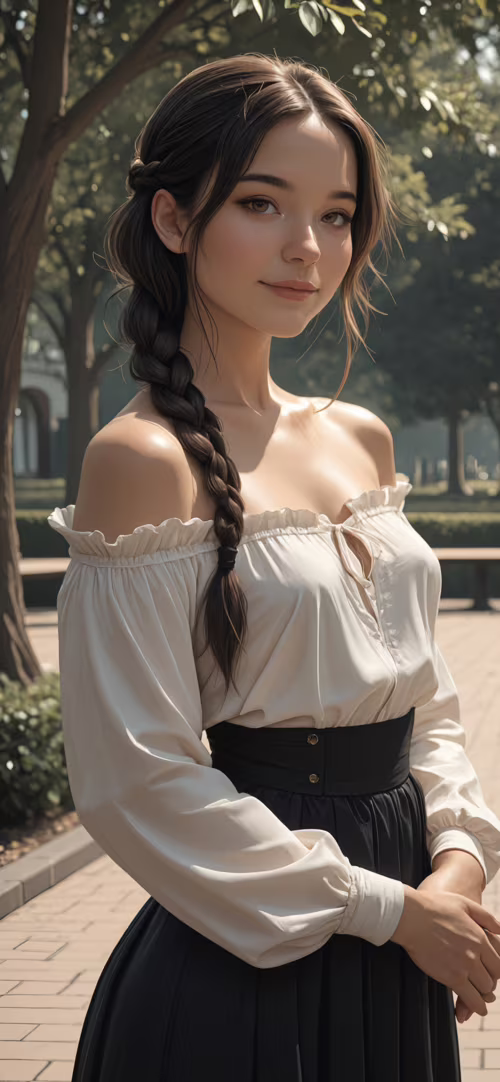 A young woman with long brown braided hair stands in a park. She is wearing a white...