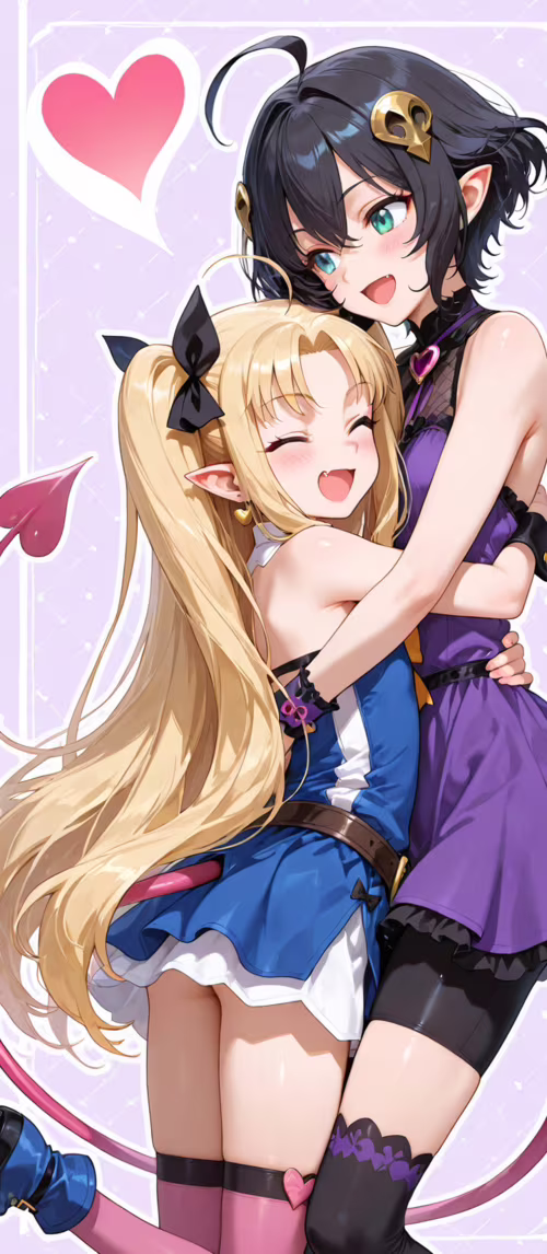 Astarotte and Asuhariet from Astarotte's Toy! sharing a happy hug. Astarotte, a blonde... Redmi 10C lock screen wallpaper
