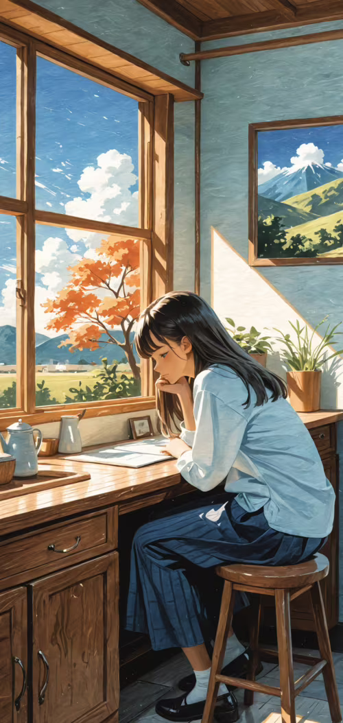 An anime-style illustration of a young woman with short dark hair sitting at a wooden... Nokia 6 dot 2 wallpaper download