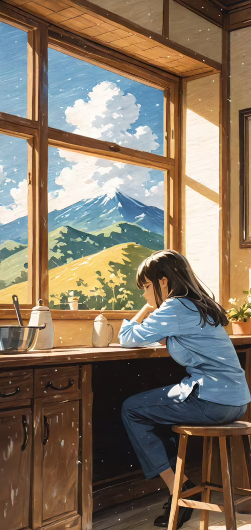 An anime-style illustration of a young woman with short dark hair sitting at a wooden... Oppo A12e wallpaper