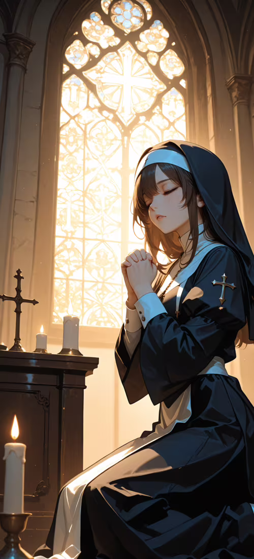 An anime-style illustration of a young nun with dark blonde hair kneeling in prayer... OnePlus 12R free wallpaper