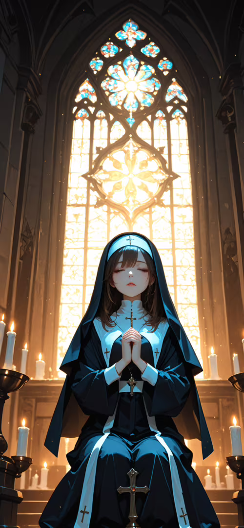 An anime-style illustration of a young nun with dark blonde hair kneeling in prayer... Honor 70 Pro plus free wallpaper