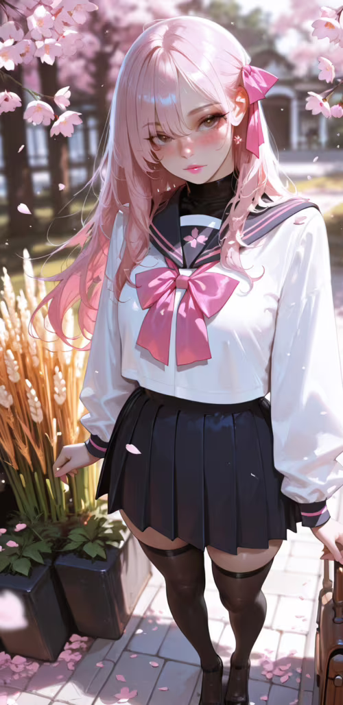 An anime-style illustration of a girl with long pink hair sitting on stone steps.... Samsung Galaxy J6 plus Plus wallpaper photo gallery download