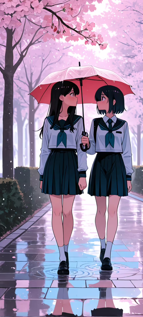 An anime illustration of two schoolgirls walking together under one clear umbrella...