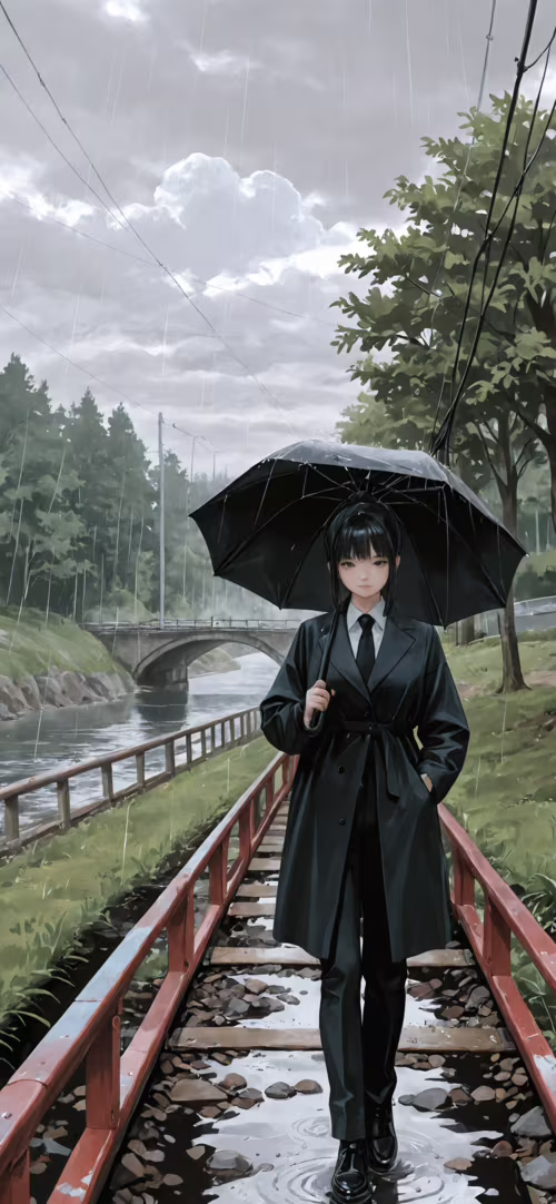 Asa Mitaka from Chainsaw Man, a young woman with short black hair, stands on wet... Honor 50 Pro free hd wallpapers