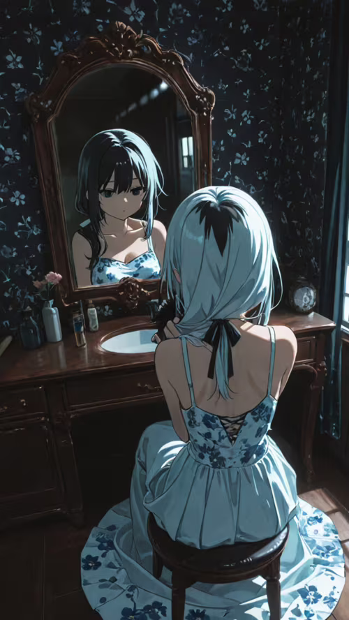 An anime girl with long, light blue hair sits at a vanity, facing a mirror. Her reflection... Apple iPhone 5s wallpaper