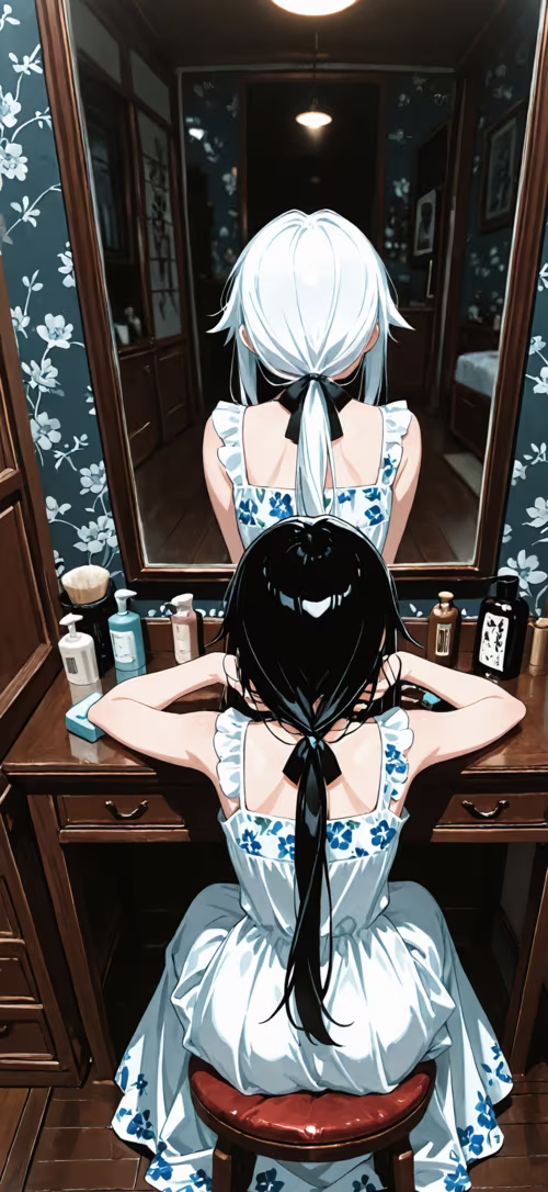 An anime girl with long, light blue hair sits at a vanity, facing a mirror. Her reflection... Apple iPhone 16 Plus hd background