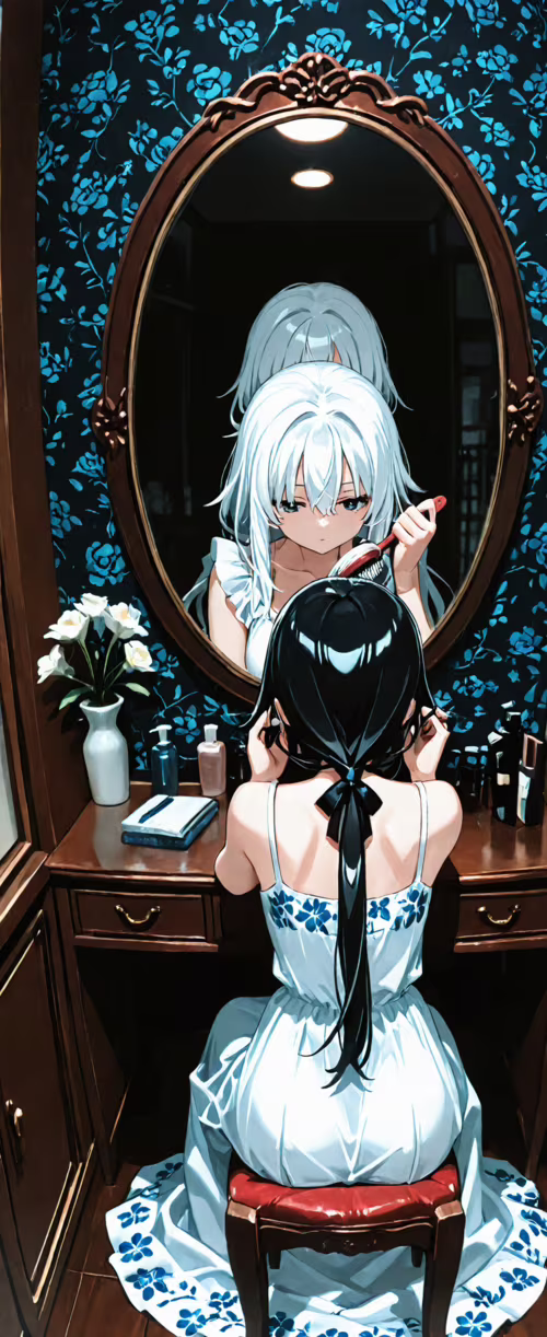An anime girl with long, light blue hair sits at a vanity, facing a mirror. Her reflection... Tecno Phantom V Flip2 hd background