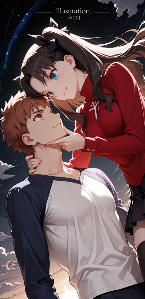 An anime illustration of Tohsaka Rin and Emiya Shirou from Fate/stay night sharing... Samsung Galaxy A8 Star free background images