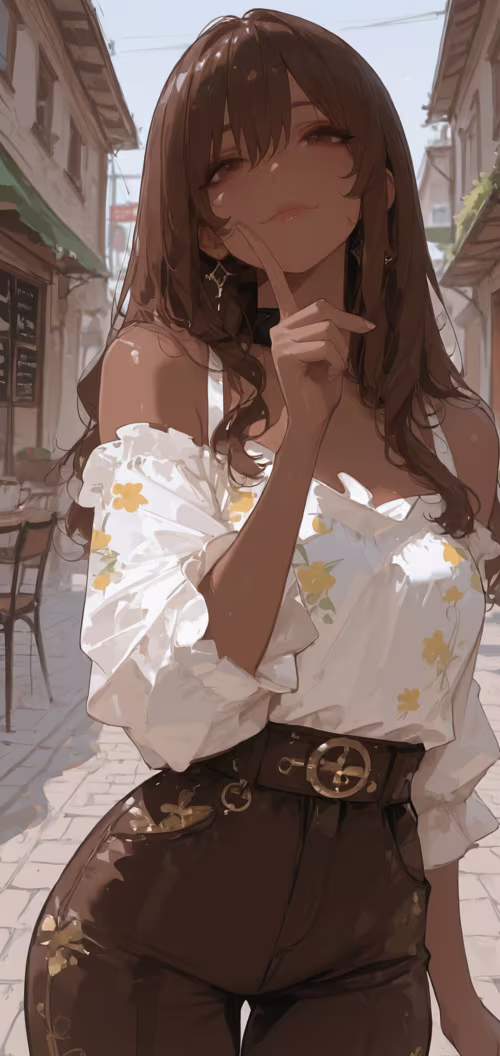 An anime-style illustration of a young woman with long brown hair and dark skin,... Nokia 7 dot 2 mobile wallpaper