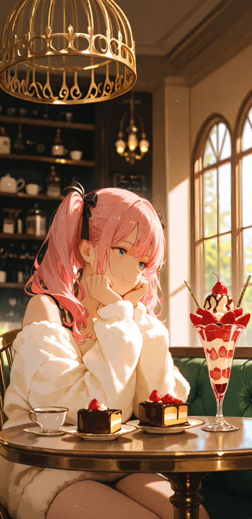 An anime girl with pink hair in twin tails sits at a cafe table laden with desserts.... Samsung Galaxy A8 Star hd background