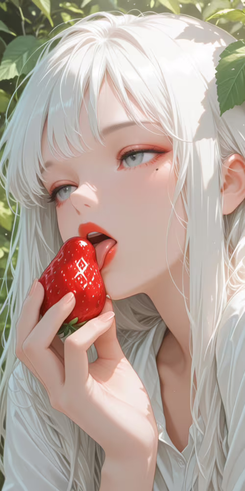 An anime-style illustration of a young woman with long white hair and grey eyes licking... Cubot Note 7 lock screen wallpaper