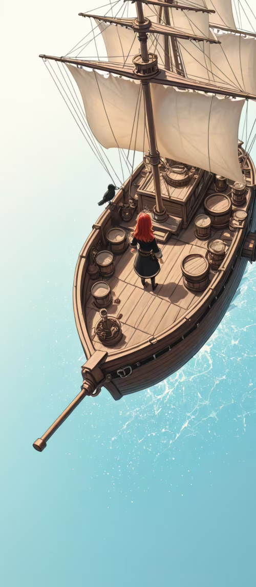 A high-angle view of an anime-style woman with long red hair standing on the deck... Redmi 10C download free wallpaper for phone