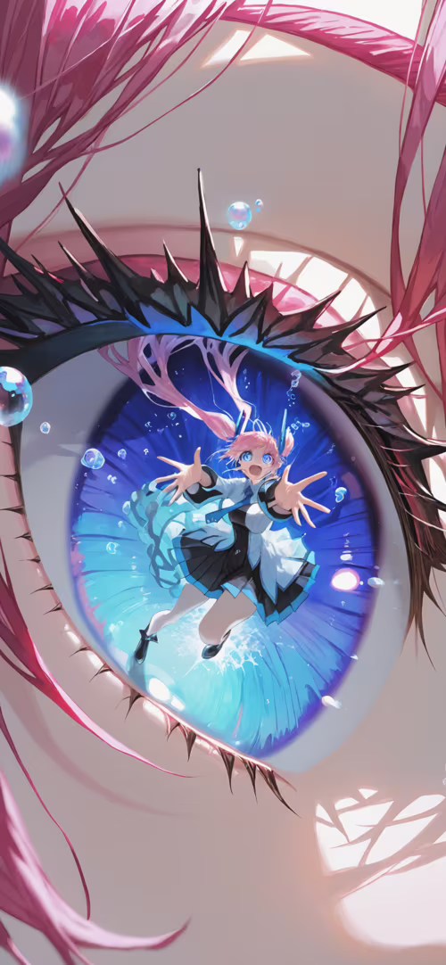 Extreme close-up on the vibrant, detailed blue anime eyes of Hatsune Miku. A miniature... Honor 70 Pro plus background images hd