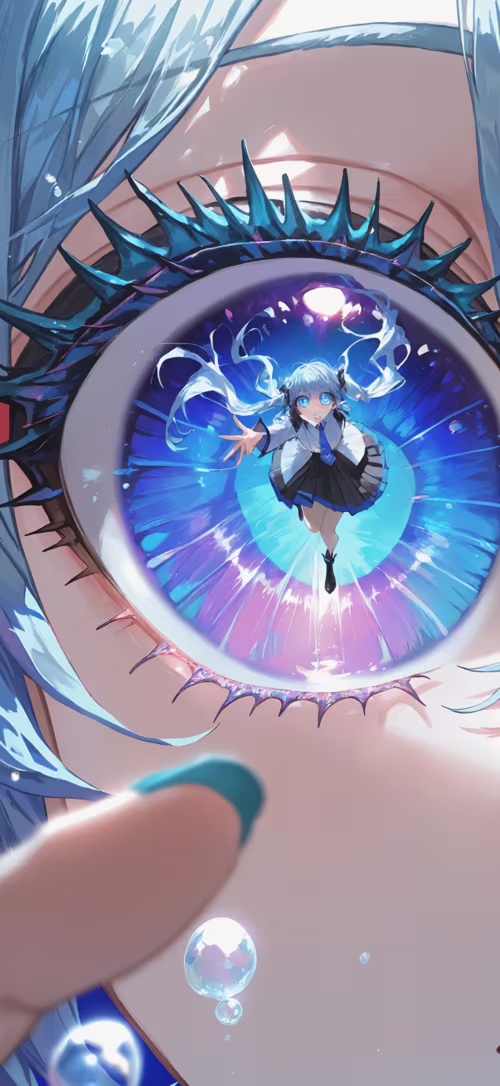 Extreme close-up on the vibrant, detailed blue anime eyes of Hatsune Miku. A miniature...