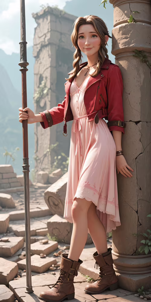 A digital illustration of Aerith Gainsborough from Final Fantasy VII standing in... LG V30 download free wallpaper for phone