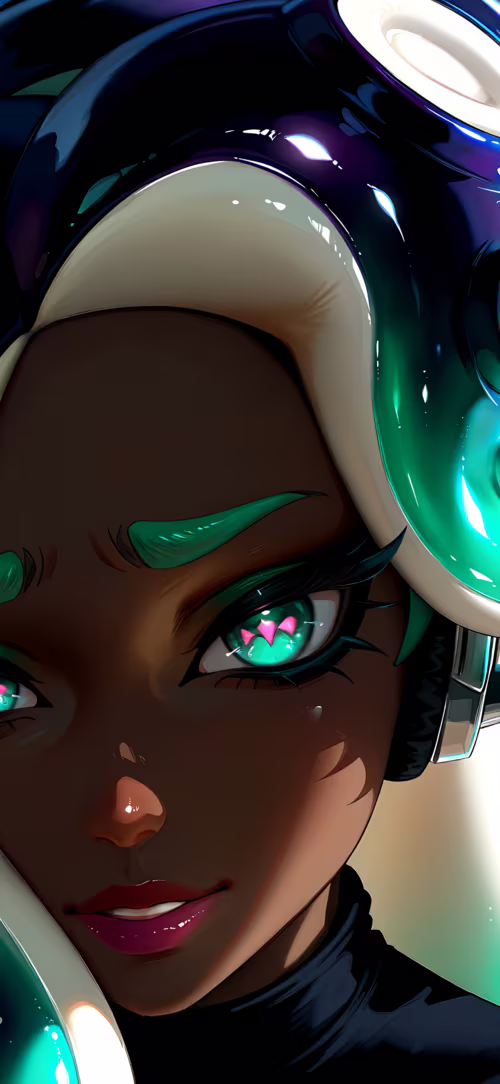 A close-up digital illustration of Marina from Splatoon 2. She has dark skin, glossy... Apple iPhone 16 Plus cell phone backgrounds free