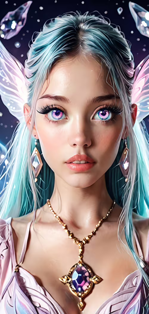 A close-up digital portrait of a beautiful fantasy woman with large, vibrant purple...