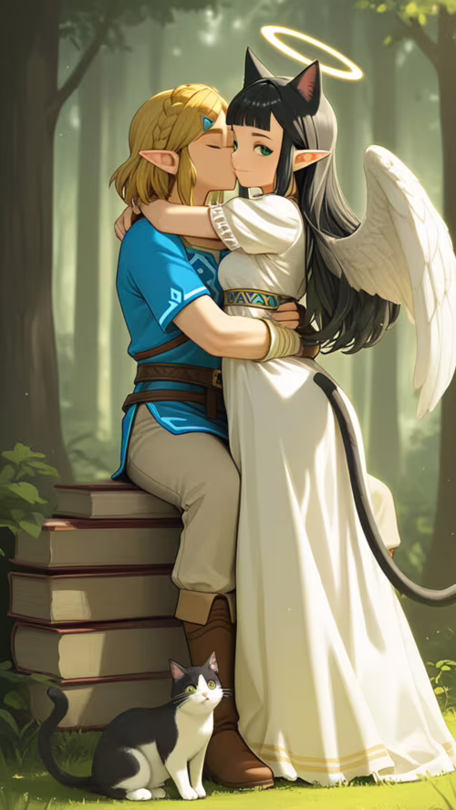 An anime-style illustration of Princess Zelda with angel wings and a halo, tenderly... Apple iPhone SE download free wallpaper for phone