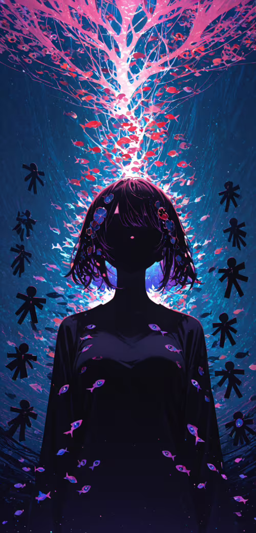 An anime-style girl with dark hair and glowing yellow eyes stands in a dark room.... Doogee S55 wallpaper images