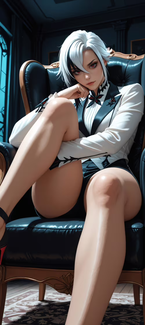 Arlecchino from Genshin Impact, a woman with short black and white hair, sits in... Honor 200 Pro pictures for wallpaper