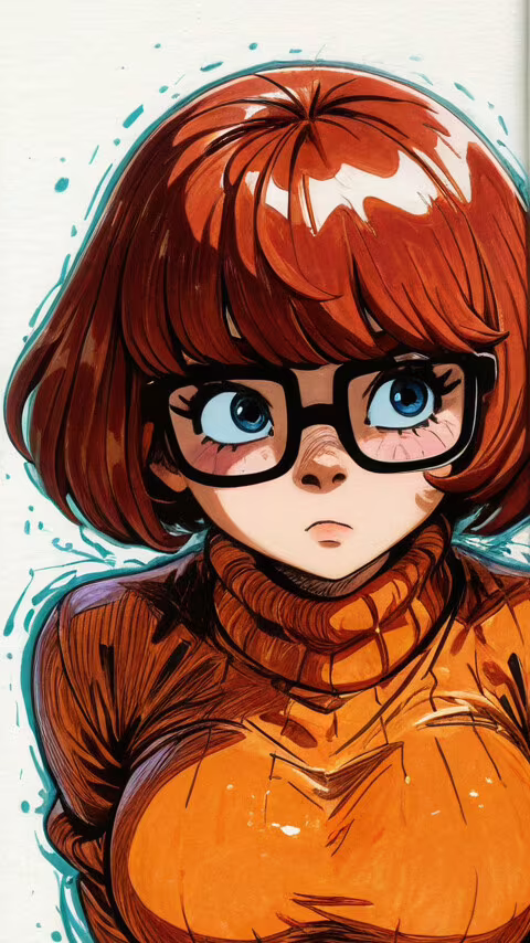 A close-up anime-style illustration of Velma from Scooby-Doo, with short brown hair... Sony Xperia E3 lock screen wallpaper