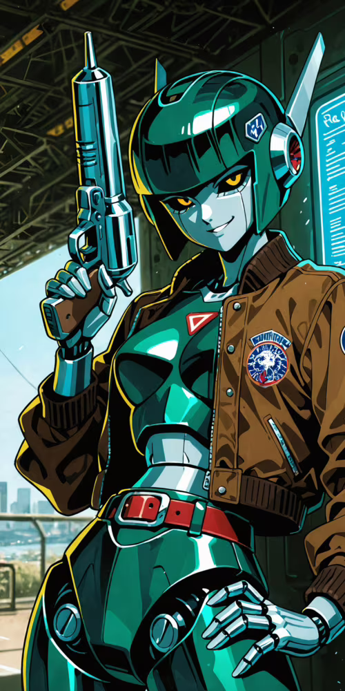 A retro-style illustration of a female robot pilot with a green metallic body, wearing... Cubot Note 7 free hd wallpapers