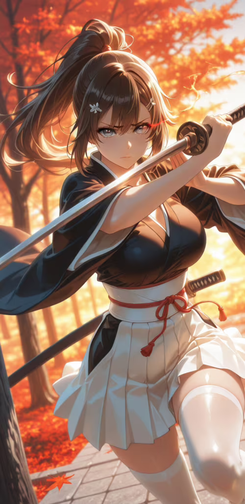 An anime girl with long brown hair in a ponytail and a serious expression, wearing... Samsung Galaxy A01 Core free background