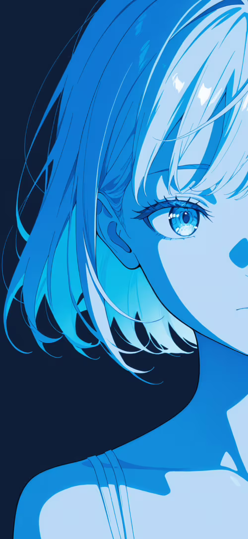 A profile view of an anime-style girl with short blue hair, mostly in shadow against... Apple iPhone 15 download free phone wallpaper