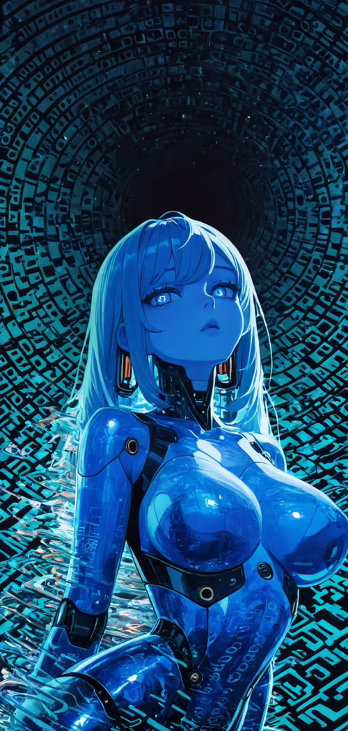 A futuristic female android with short dark hair and glowing blue eyes, her body... Cubot Max 2 download free phone wallpaper