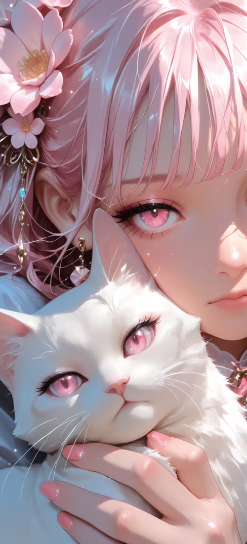 A close-up illustration of a young anime-style woman with short pink hair, pink eyes,...