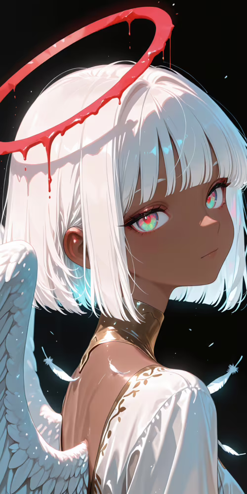 An anime-style illustration of a dark-skinned angel with short white hair and vibrant,...