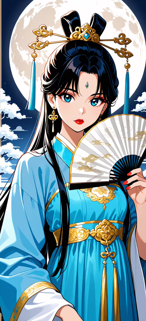 An anime-style illustration of a beautiful young woman with long black hair and blue... Huawei Mate 40 pictures for wallpaper