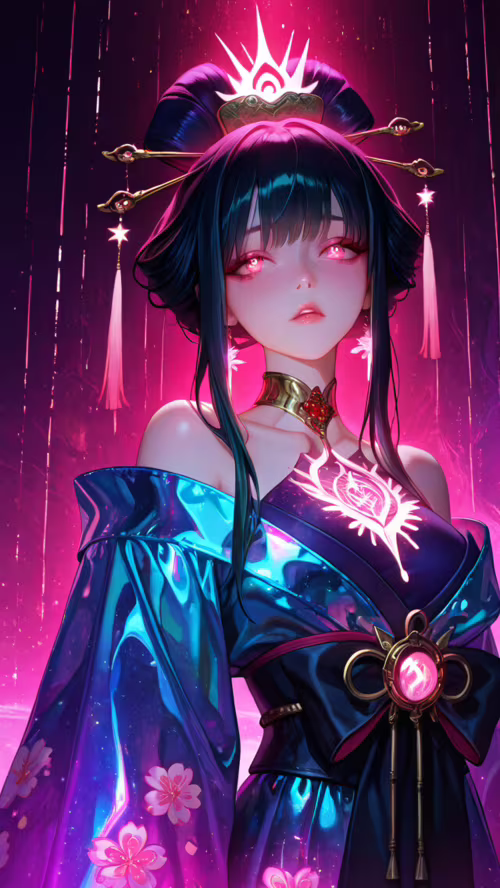 A beautiful anime-style woman with pink hair in an elaborate updo, wearing a blue... Vodafone Smart E8 wallpaper photo gallery download