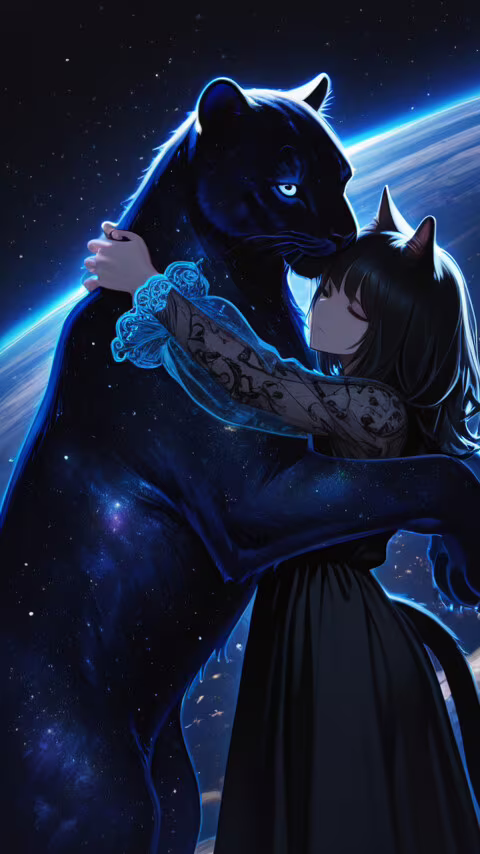 An anime-style cat girl with short black hair and a long black dress with sheer sleeves,... Vodafone Smart E8 background images hd