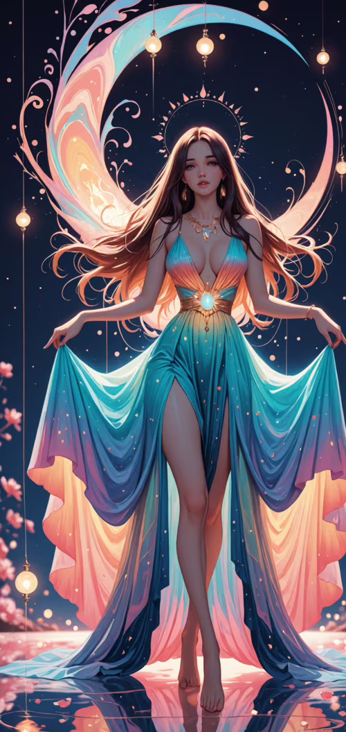 A full-length illustration of a beautiful woman with long dark hair in a colorful... Doogee N20 wallpaper images