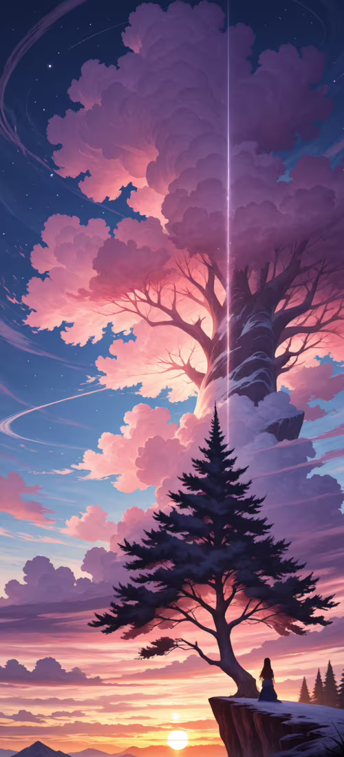 A majestic pine tree silhouetted against a vibrant purple and pink sunset sky, standing...