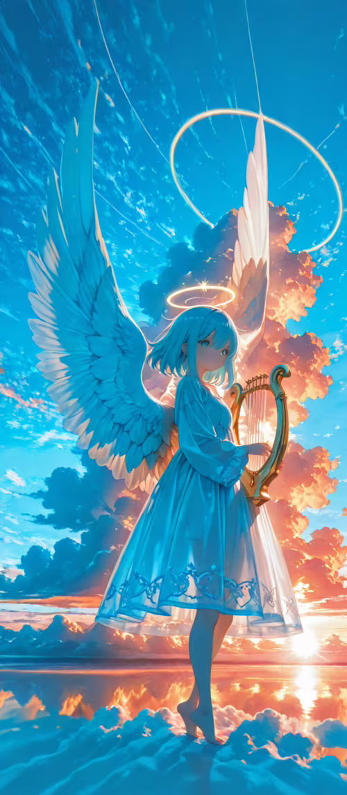 An anime angel with light blue hair, white wings, and a halo stands on clouds, holding...