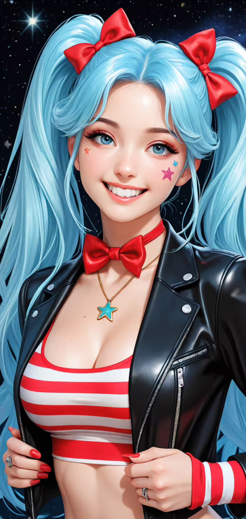 A digital illustration of a smiling girl with long blue pigtails, red bows, and star... Oppo A12e wallpaper photo gallery download