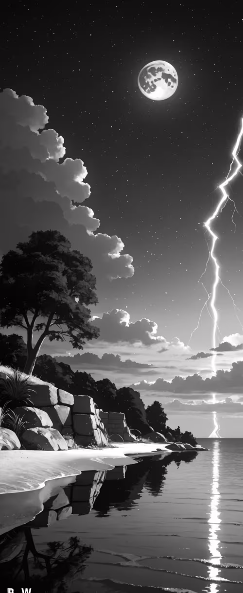 A black and white image of a beach at night. A large full moon and a bolt of lightning... Samsung Galaxy Z Flip hand phone wallpaper
