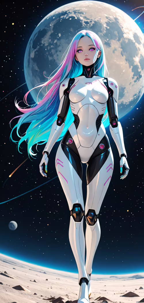 A full-body illustration of a female android with long blue hair walking on a moon.... Cubot Max 2 background images hd