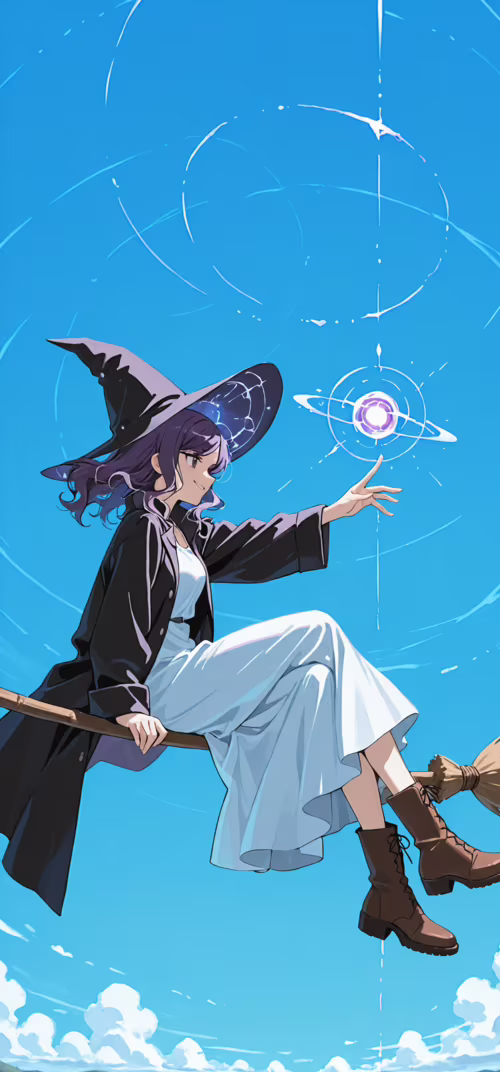 An anime-style witch with long purple hair and a black hat flies on a broomstick... Samsung Galaxy Note 20 Ultra